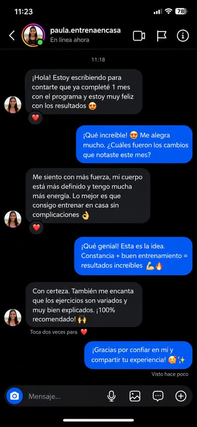 Conversación con paula.entrenaencasa sobre 1 mes de programa